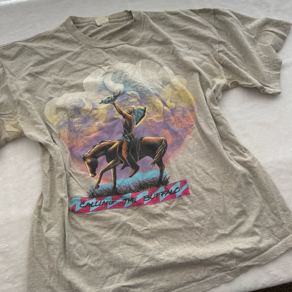 Vintage Habitat Native American Cherokee Buffalo Crafted Graphic T-shirt XL